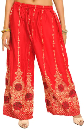 Scarlet-Red Casual Yoga Trousers with Golden Floral Print