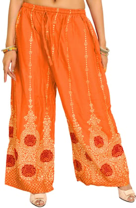 Nectarine-Orange Casual Yoga Trousers with Golden Floral Print