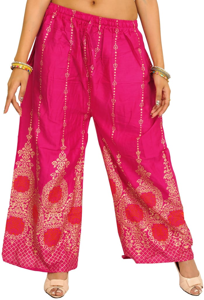 Fuchsia-Rose Casual Yoga Trousers with Golden Floral Print - Trousers | Buy online on ZillyBuy