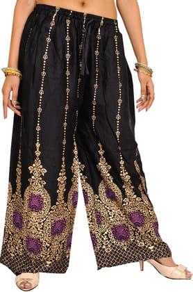 Phantom-Black Casual Yoga Trousers with Golden Floral Print