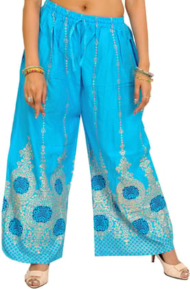Button-Blue Casual Yoga Trousers with Golden Floral Print
