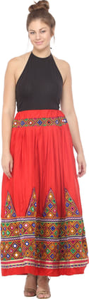 Tomato-Red Ghagra Skirt from Kutch with Multicolor Thread Embroidered Patch Border and Mirrors