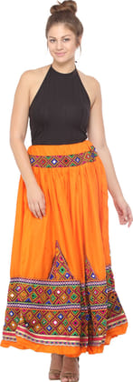 Vibrant-Orange Ghagra Skirt from Kutch with Multicolor Thread Embroidered Patch Border and Mirrors