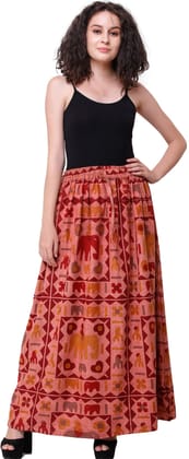 Muted-Clay Stone-Washed Long Elastic Skirt with Printed Elephants