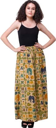Italian-Straw Stone-Washed Long Elastic Skirt with Printed Elephants Italian-Straw Stone-Washed Long Elastic Skirt with Printed Elephants