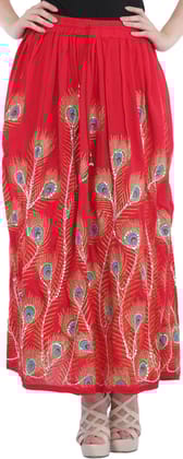 Scarlet Long Skirt with Printed Peacock Feather and Embroidered Sequins