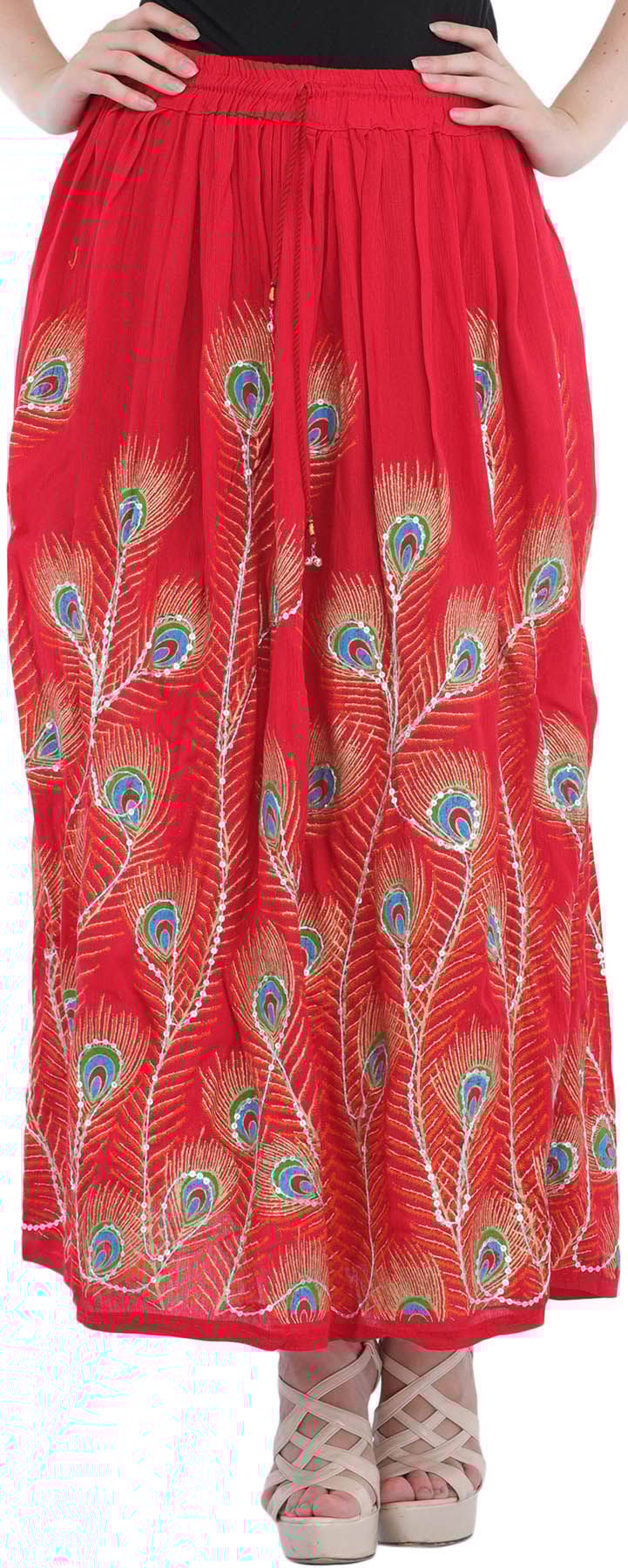 Scarlet Long Skirt with Printed Peacock Feather and Embroidered Sequins