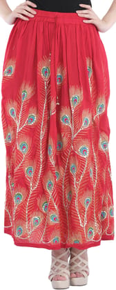Red Long Skirt with Printed Peacock Feather and Embroidered Sequins