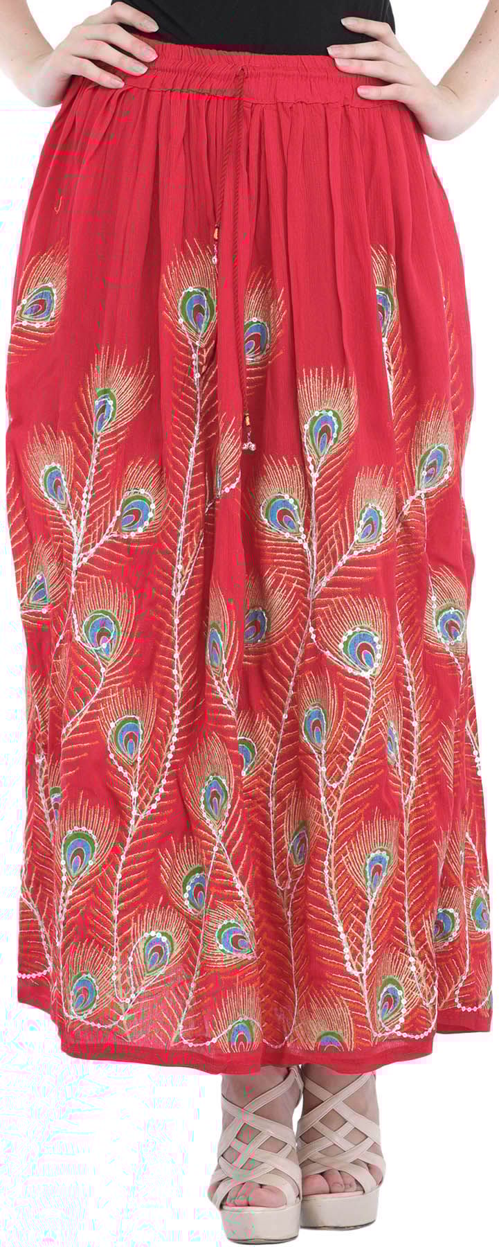 Red Long Skirt with Printed Peacock Feather and Embroidered Sequins