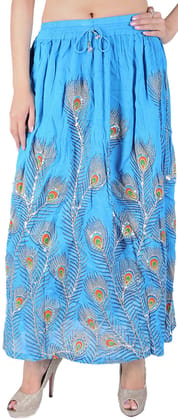 Cyan-Blue Long Skirt with Printed Peacock Feather and Embroidered Sequins