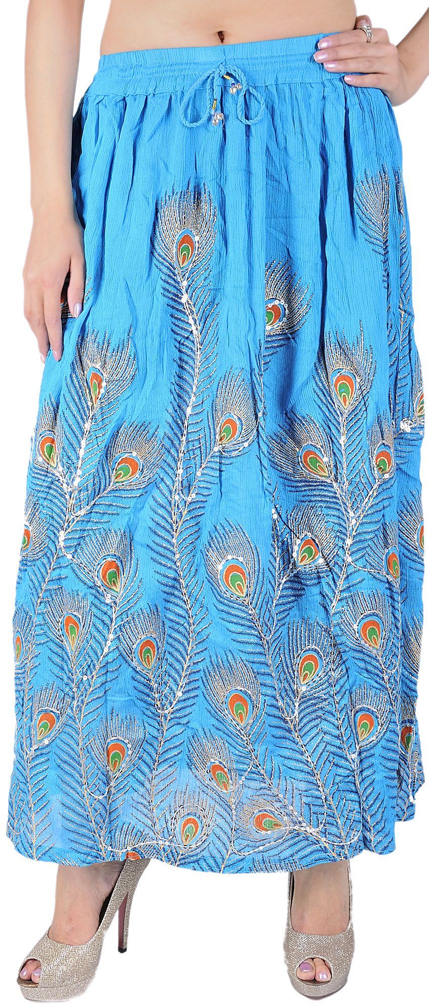Cyan-Blue Long Skirt with Printed Peacock Feather and Embroidered Sequins