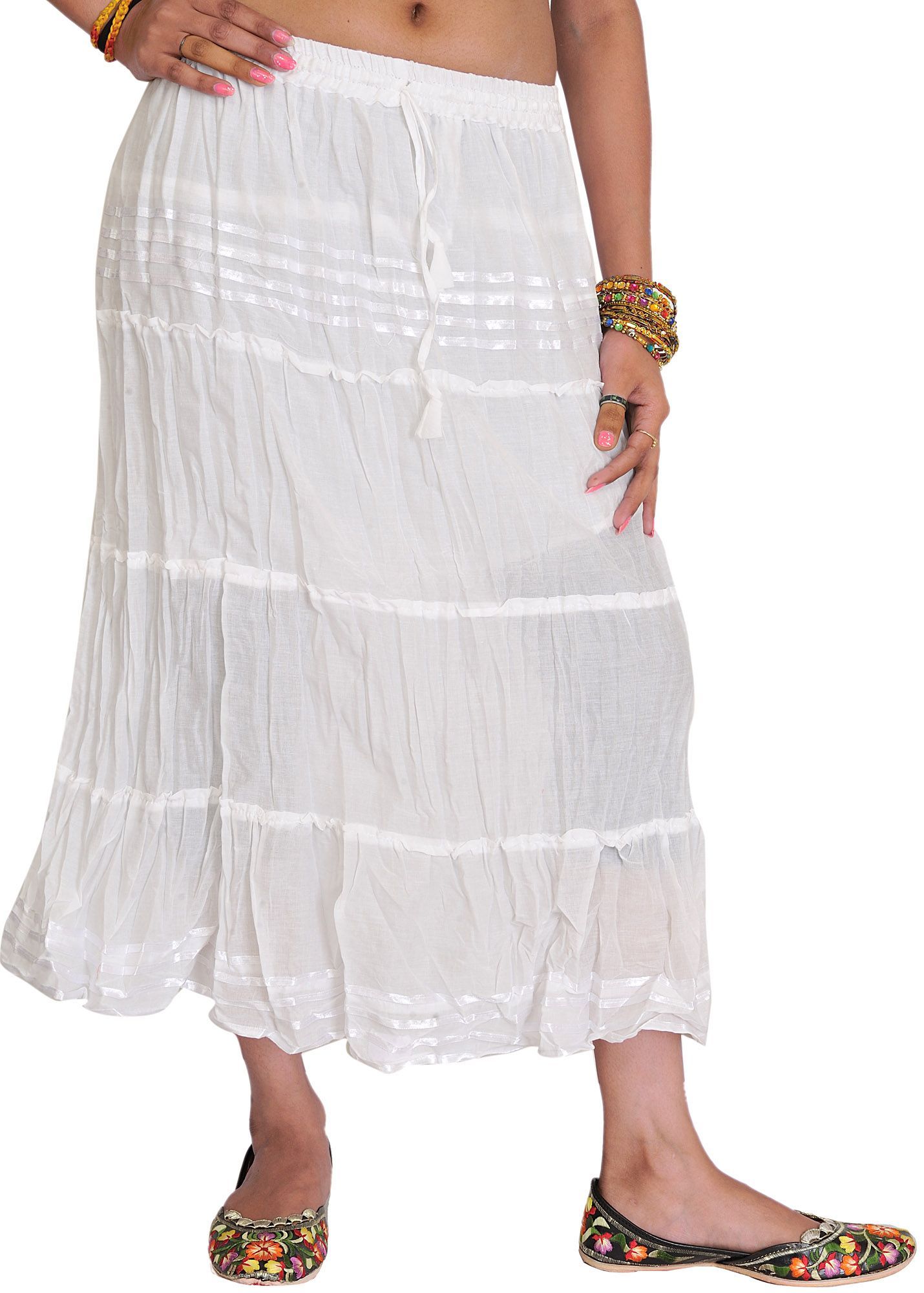 Egret-White Plain Elastic-Waist Midi Skirt with Lace