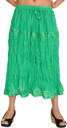 Ming-Green Plain Elastic-Waist Midi Skirt with Lace