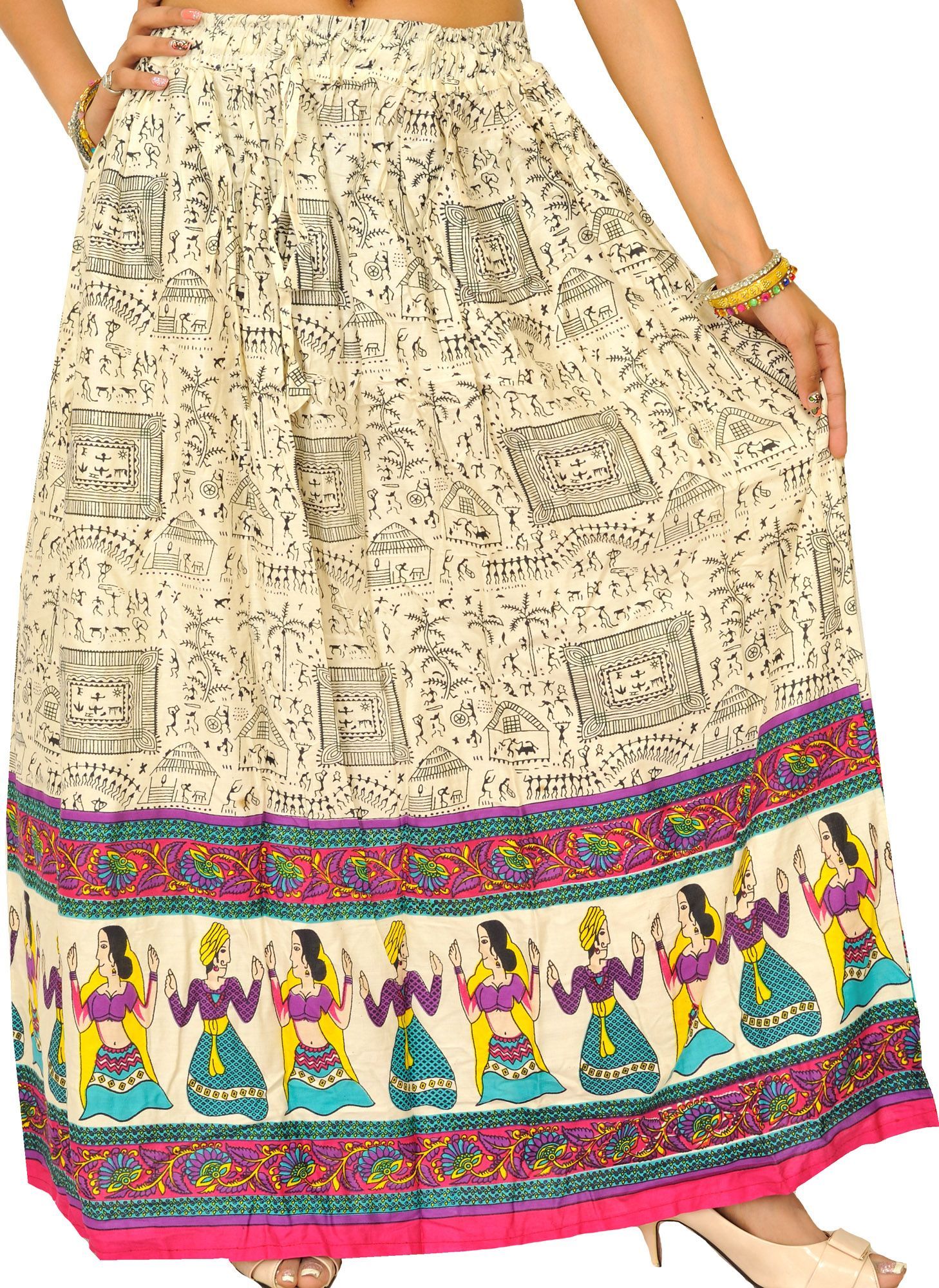 Magenta Off-White Warli Folk Printed Long Skirt with Dancing Couples