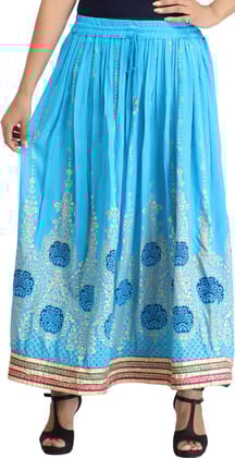 Cyan-Blue Embellished Long Skirt with Golden Print and Embroidered Patch Border
