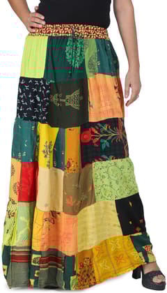 Yellow-Green Printed Long Boho Skirt from Gujarat with Patch Work
