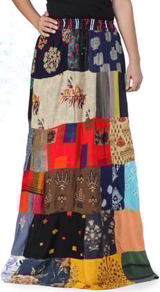 Red-Blue Printed Long Boho Skirt from Gujarat with Patch Work