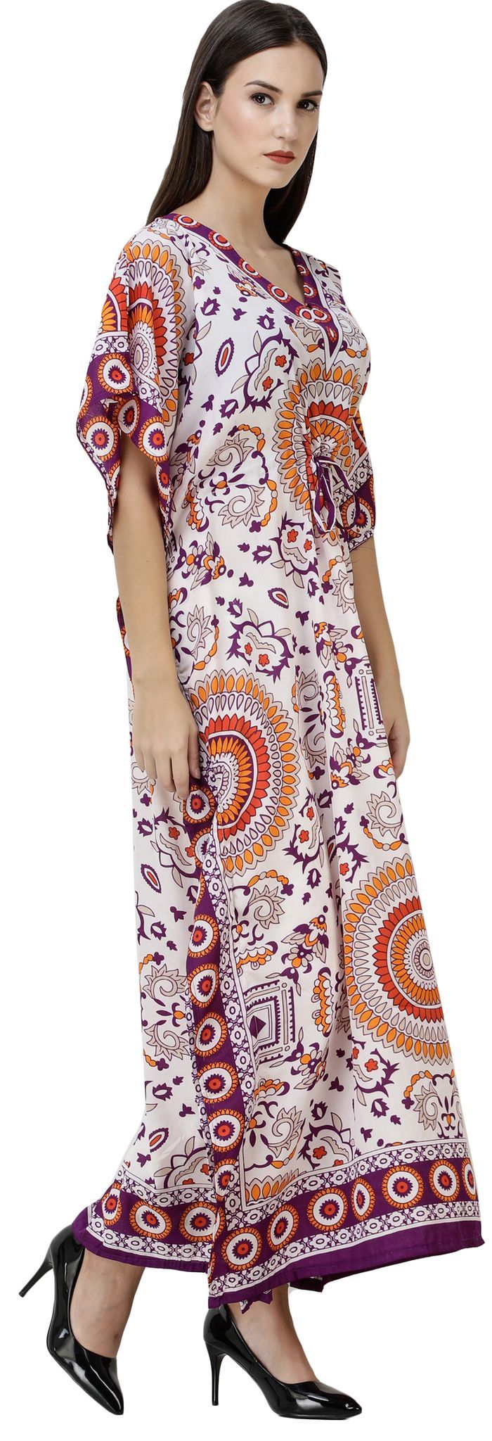 Royal-Lilac Long Printed Kaftan with Waist Sash