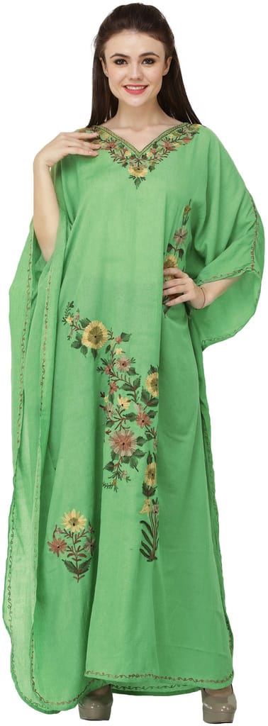 Summer-Green Crushed Kashmiri Kaftan with Aari Embroidered Multicolored Flowers - Kurtas & Kurta Sets | Buy online on ZillyBuy