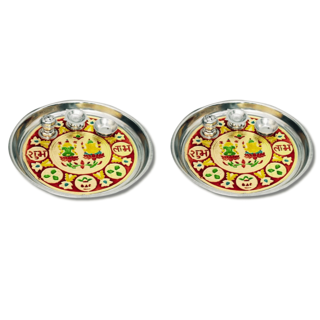SHINI LIFESTYLE stainless steel pooja thali with printed laxmi ji & ganesh ji || pooja thali, puja thali (2pc)