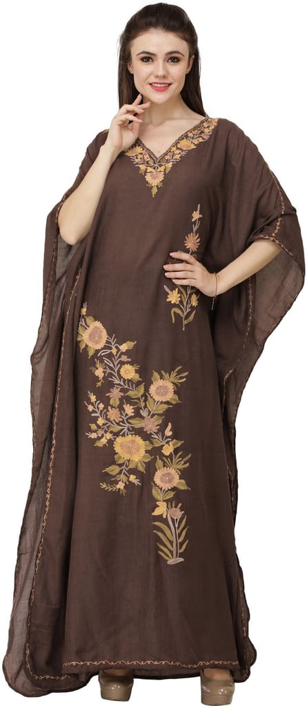 Apple-Butter Crushed Kashmiri Kaftan with Aari Embroidered Multicolored Flowers - Kurtas & Kurta Sets | Buy online on ZillyBuy