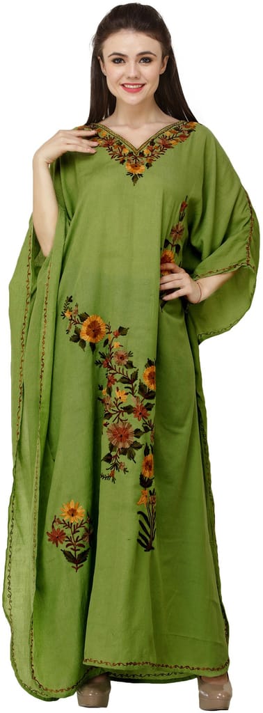 Cedar-Green Crushed Kashmiri Kaftan with Aari Embroidered Multicolored Flowers - Kurtas & Kurta Sets | Buy online on ZillyBuy