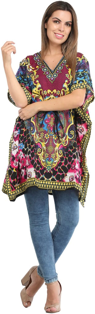 Rasberry-Rose Short Kaftan with Printed Florals All-Over and Dori at Waist - Shorts | Buy online on ZillyBuy