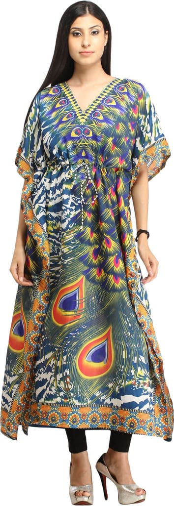 Moroccan-Blue Digital-Printed Kaftan with Dori on Waist and Large Peacock Feathers - Ethnic Wear | Buy online on ZillyBuy