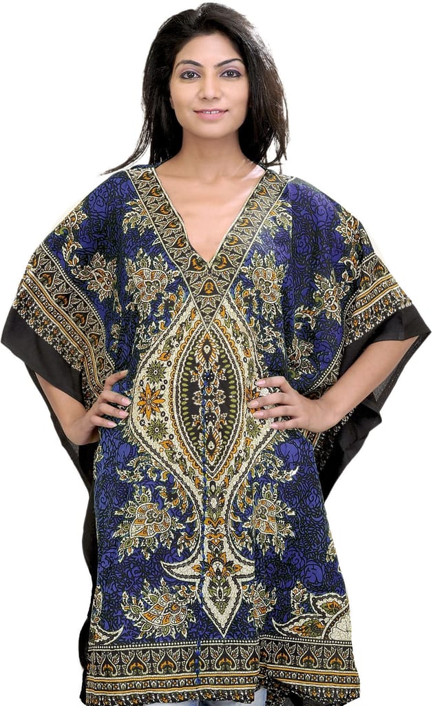 Spectrum-Blue Printed Short Boho Kaftan with Dori at Waist - Kurtis, Tunics | Buy online on ZillyBuy