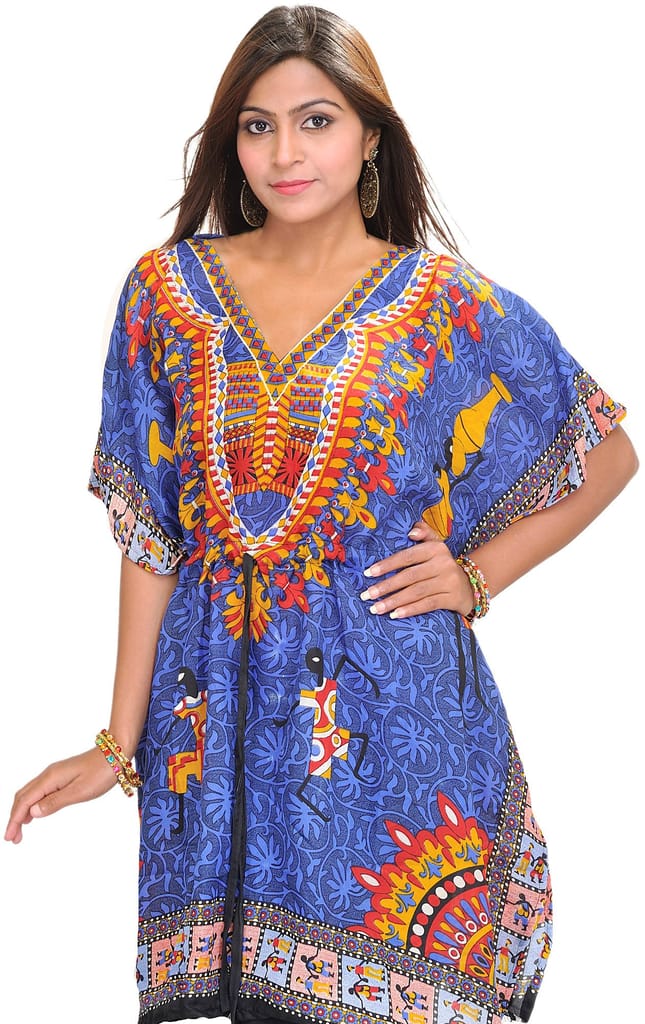 Blue Printed Short Kaftan with Dori at Waist - Kurtis, Tunics | Buy online on ZillyBuy