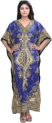 French-Blue Long Printed Kaftan with Dori at Waist French-Blue Long Printed Kaftan with Dori at Waist
