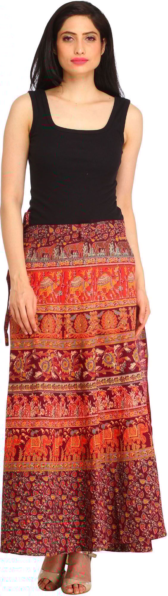 Windsor-Wine Wrap-Around Long Skirt from Pilkhuwa with Printed Animals