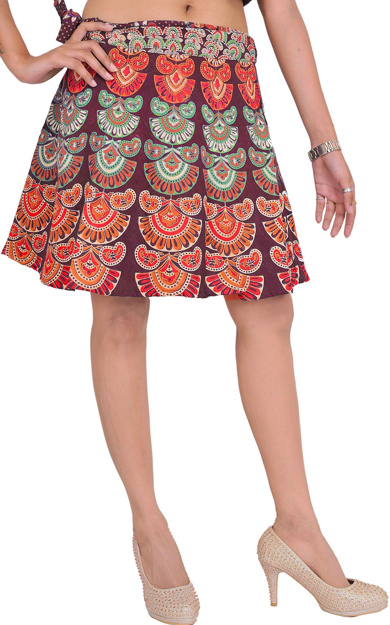 Windsor-Wine Sanganeri Wrap-Around Mini-Skirt with Printed Motifs