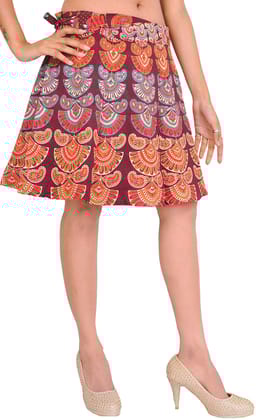 Burgundy Sanganeri Wrap-Around Mini-Skirt with Printed Motifs