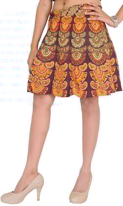 Brown Sanganeri Wrap-Around Mini-Skirt with Printed Motifs