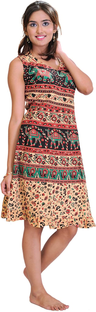Peach And Marine Sanganeri Summer Dress with Printed Camels and Elephants - Ethnic Wear | Buy online on ZillyBuy