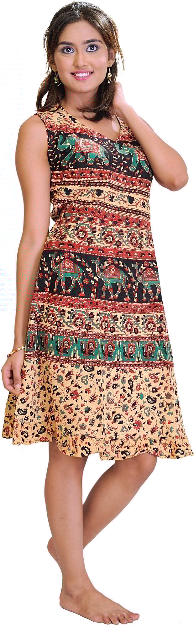 Peach And Marine Sanganeri Summer Dress with Printed Camels and Elephants