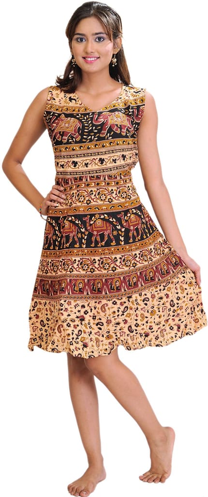 Peach And Red Sanganeri Summer Dress with Printed Camels and Elephants - Ethnic Wear | Buy online on ZillyBuy
