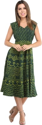 Hunter-Green Summer Dress with Block-Printed Elephants and Dori on Back