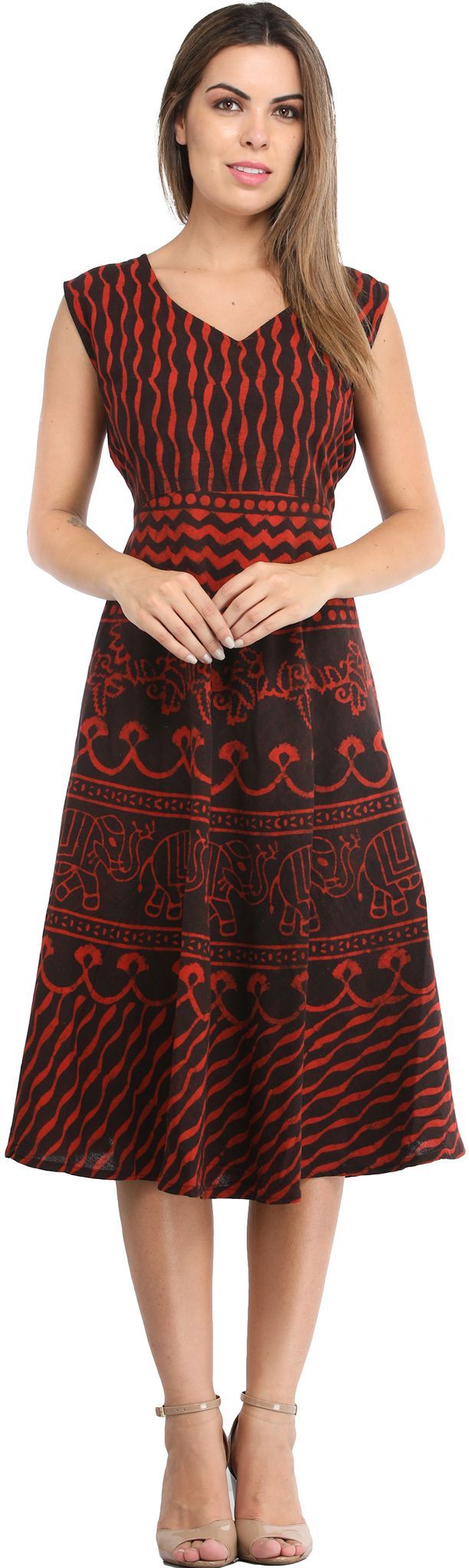 Bittersweet-Red Summer Dress with Block-Printed Elephants and Dori on Back