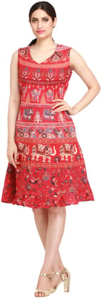 Rococco-Red Summer Dress from Pilkhuwa with Printed Elephants and Camels