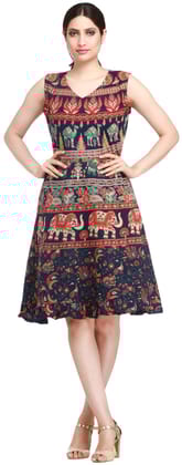 Medieval-Blue Summer Dress from Pilkhuwa with Printed Elephants and Camels