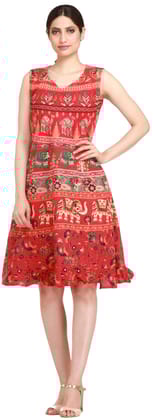 Poinsettia-Red Summer Dress from Pilkhuwa with Printed Elephants and Camels