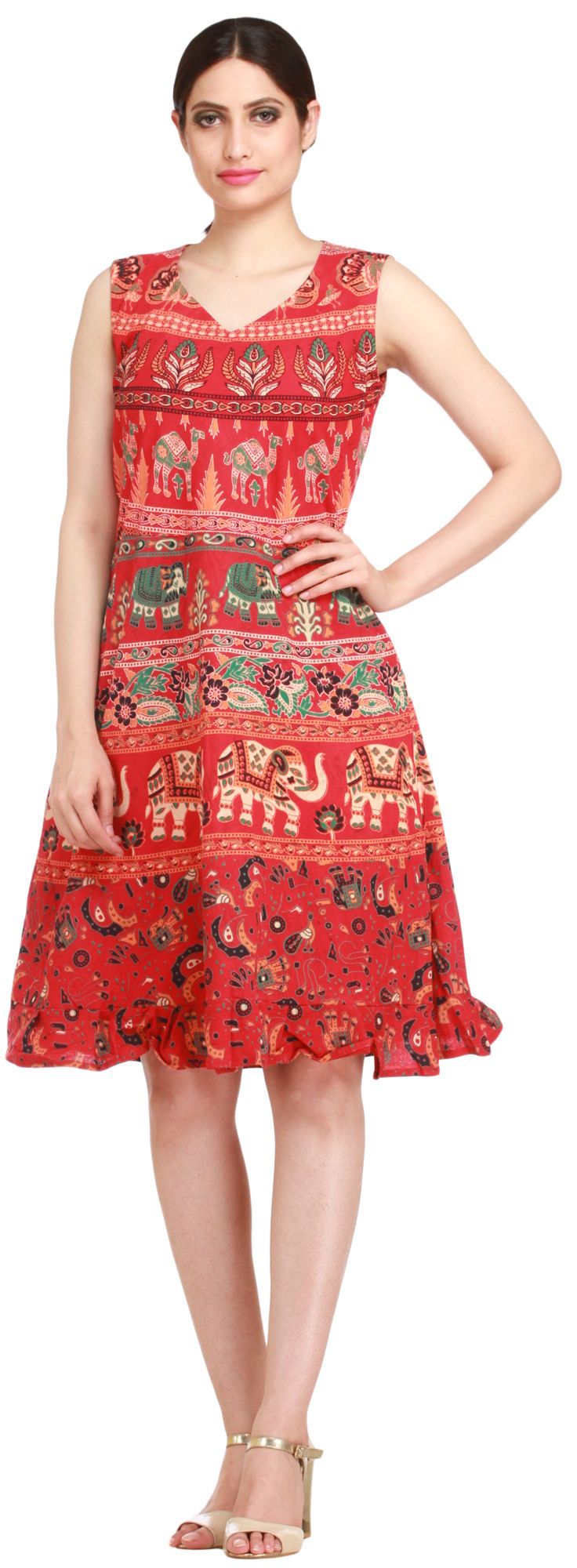 Poinsettia-Red Summer Dress from Pilkhuwa with Printed Elephants and Camels