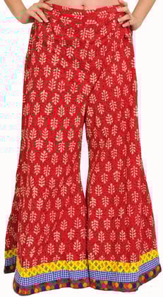 Rococco-Red Casual Palazzo Pants from Pilkhuwa with Printed Bootis and Patch Border
