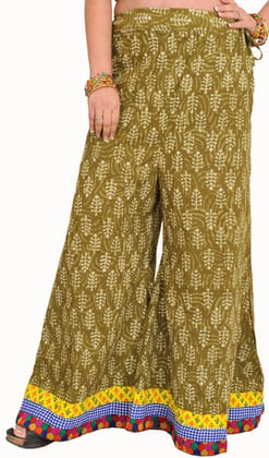 Green-Moss Casual Palazzo Pants from Pilkhuwa with Printed Bootis and Patch Border