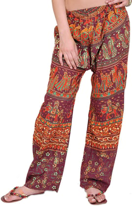 Tawny-Port Casual Trousers from Jodhpur with Printed Marriage Procession