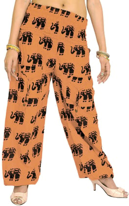 Tomato-Cream Yoga Trousers with Printed Elephants and Front Pockets
