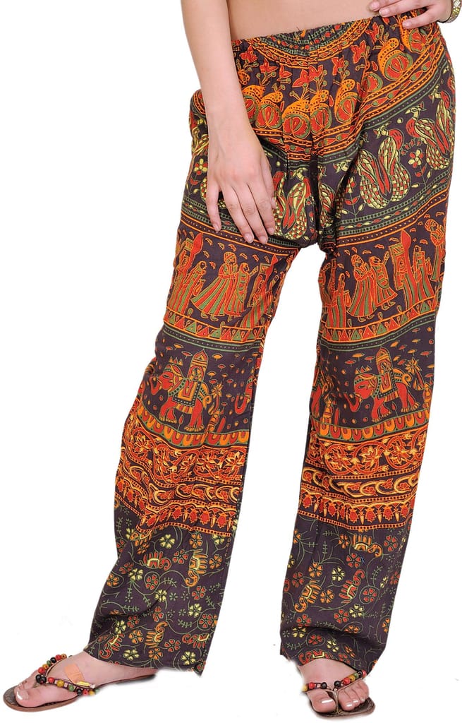 Coffee-Bean Casual Trousers from Jodhpur with Printed Marriage Procession - Trousers | Buy online on ZillyBuy