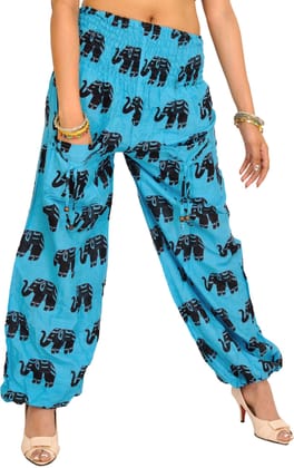 River-Blue Yoga Trousers with Printed Elephants and Front Pockets